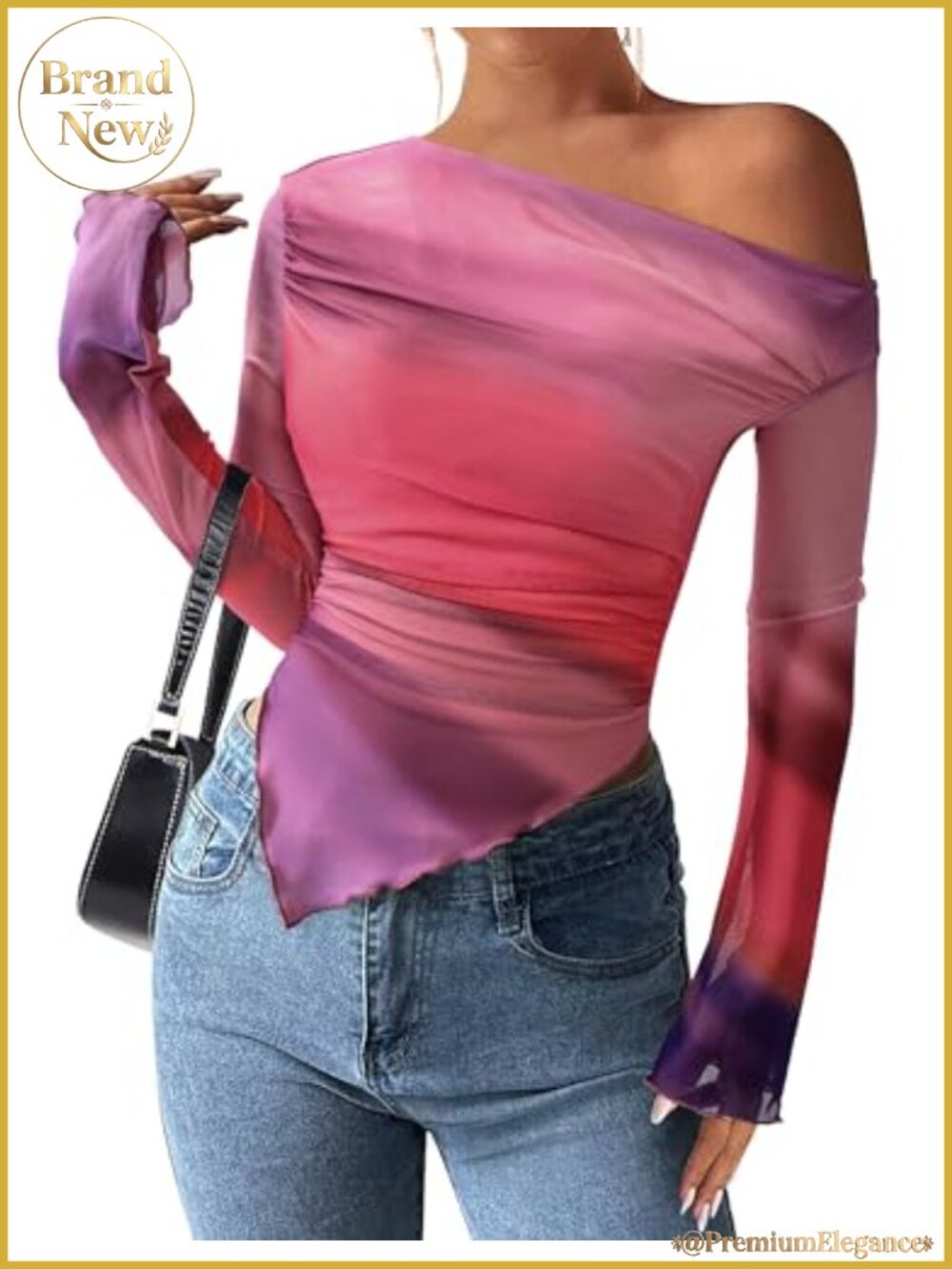Womens Off Shoulder Mesh Asymmetric Long Sleeve Blouse Y2k